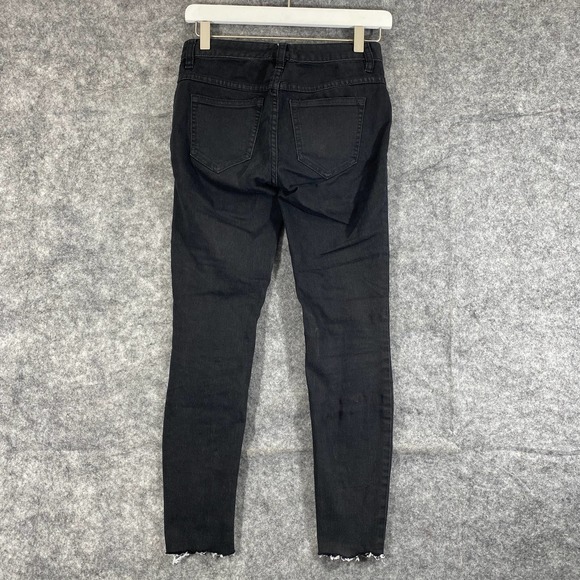 Free People Jeans 24 Black Denim Skinny Mid Rise Distressed - Picture 3 of 11
